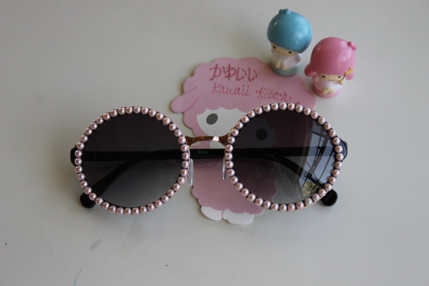 Pink Dainty Wraparound Pearls on Round Retro-style Black Sunglasses