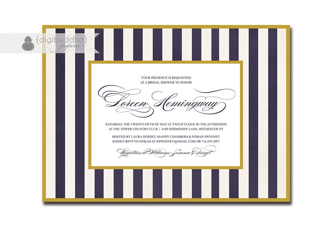 Navy White & Gold Bridal Shower Invitation Striped Formal Elegant Script Wedding Typography Printable Digital or Printed - Loreen Style