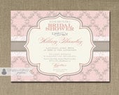 Elegant Bridal Shower Invitation Pink & Gray Damask Lace Shabby Chic Invitation Classic Printable Digital or Printed - Hillary Style