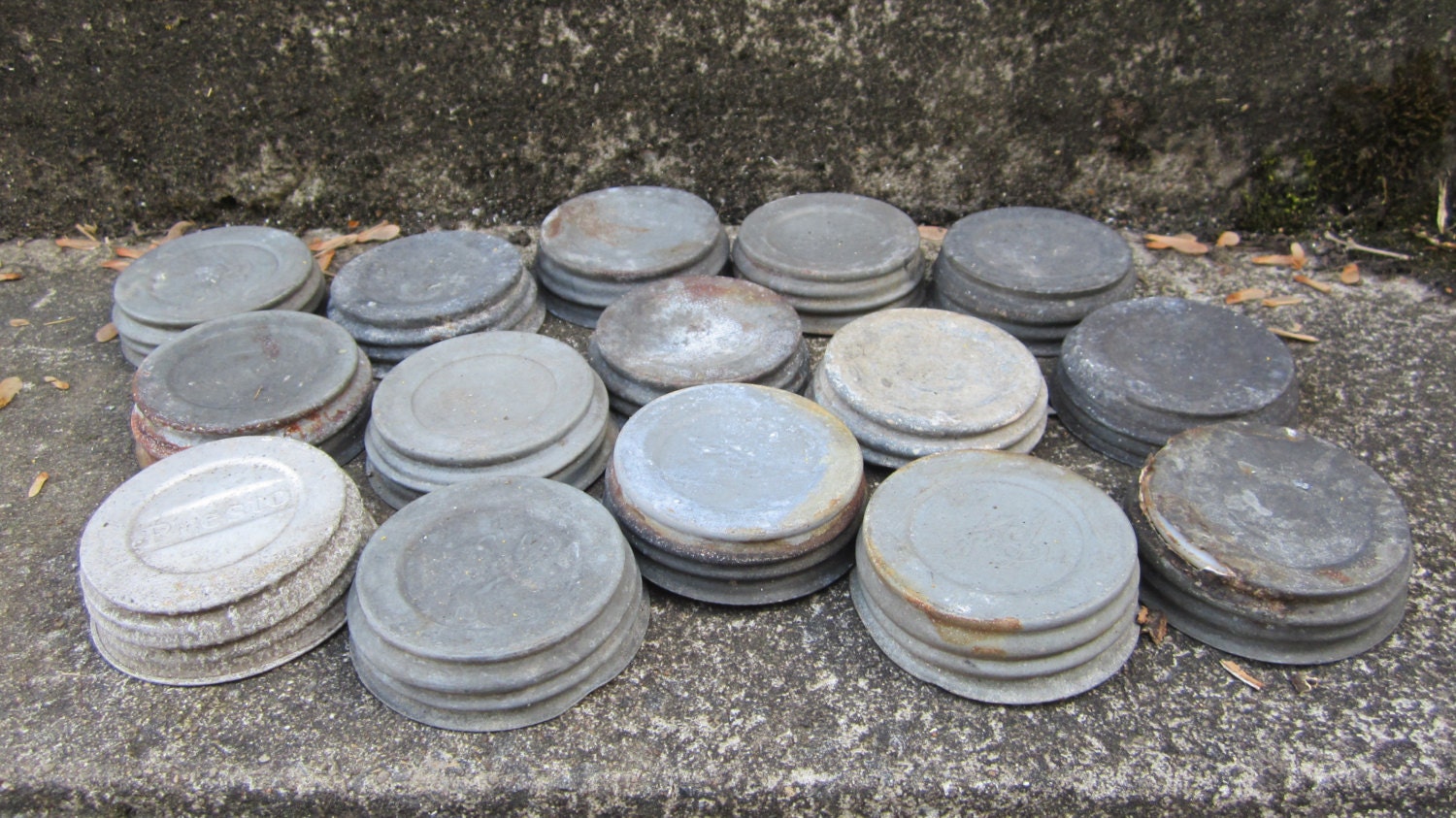 Collection of 15 Vintage Metal Mason Jar Lids with Porcelain Inserts Antique Mason Jar Lids