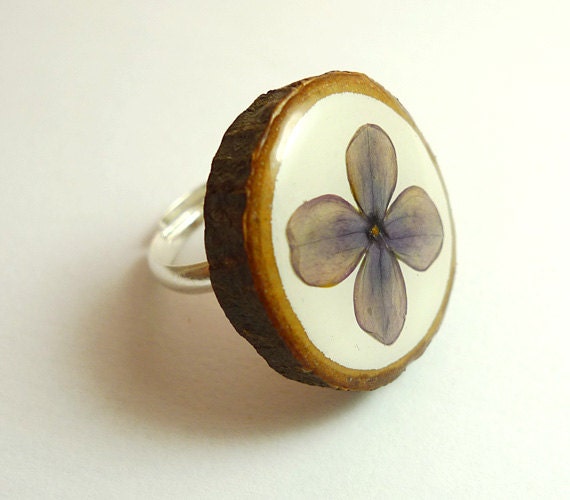 Pressed Flower Wood Ring - handmade flower jewelry  - purple flower
