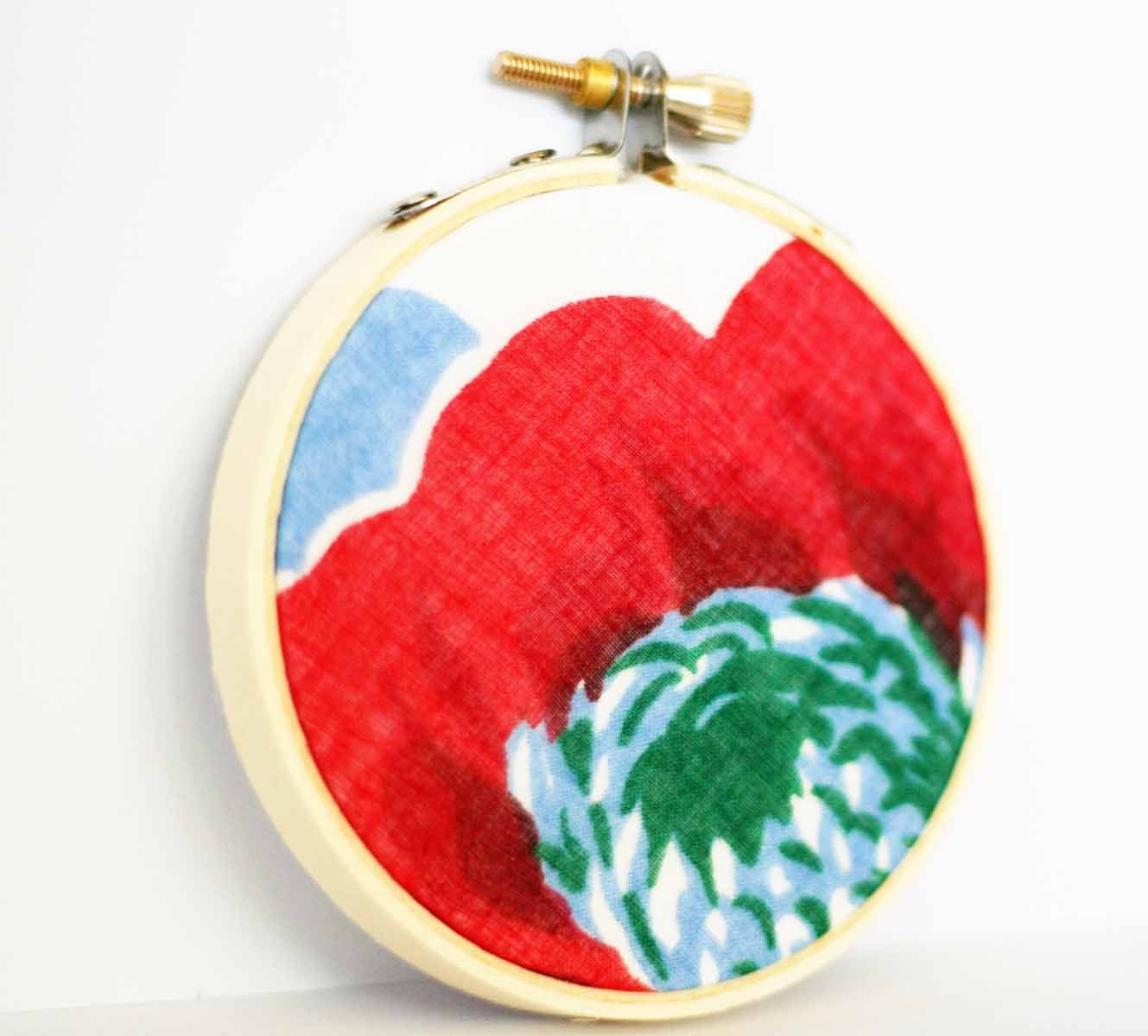 Red embroidery hoop decor / vintage fabric flower art / tiny wooden hoop accent / 3 inch size