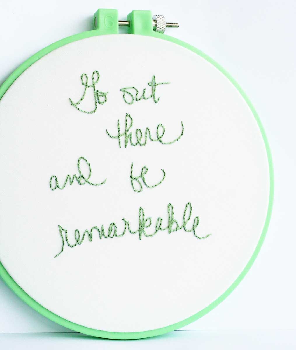 Green embroidery art / inspiring quote / cursive writing / fresh pastel home decor / white accent / 6 inch size