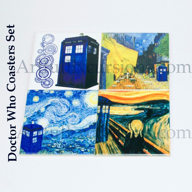 Doctor Who Coaster set, Dr who Van Gogh Tardis Starry Night, Cafe Terrace, Ceramic Coasters, Dr Who Name
