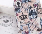 Vintage Cotton Linen Fabric With London, Crown Big Ben Flag Queen Portrait Palace, British Victorian Style - 1/2 yard f007