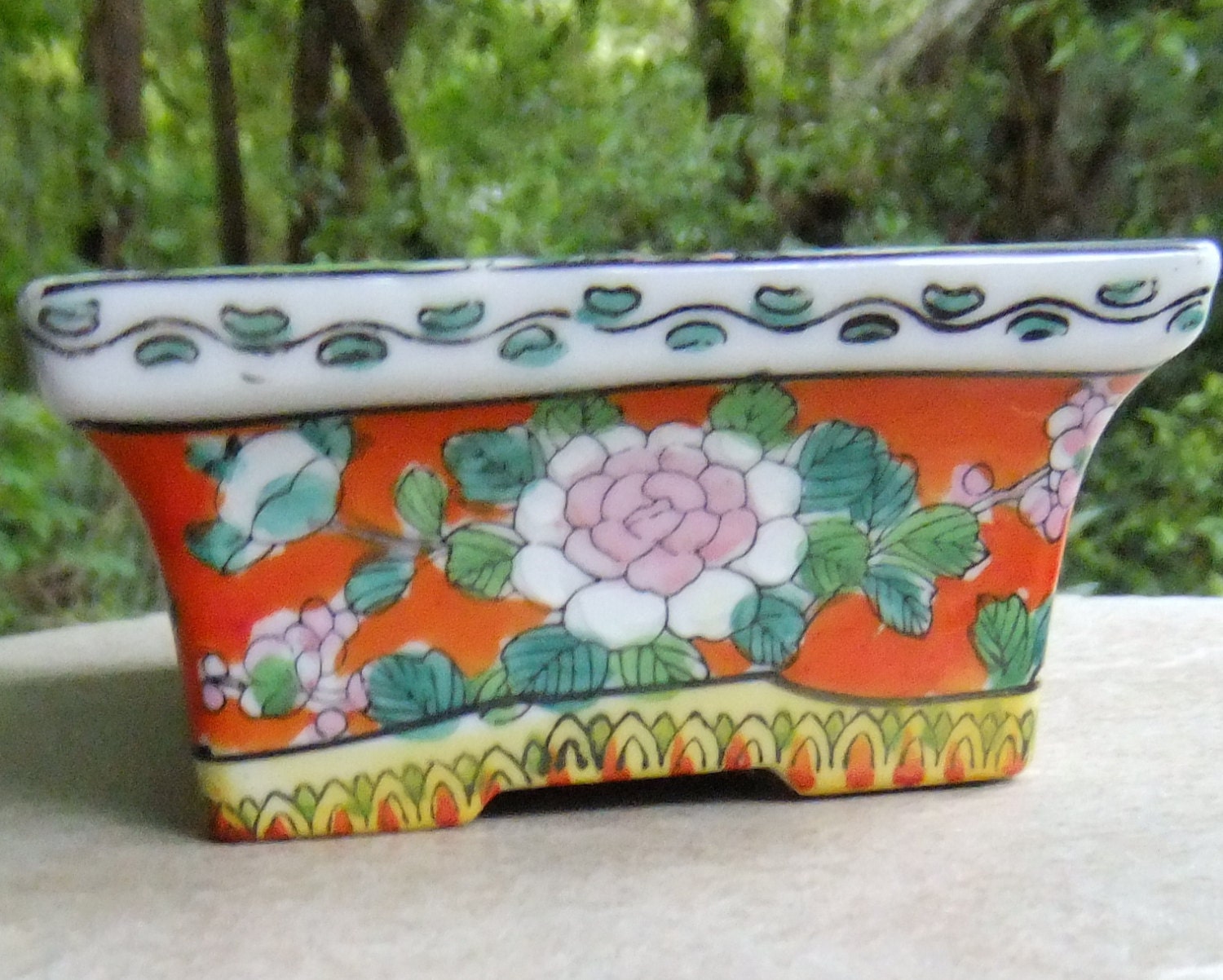 Antique Japanese Suiban or Flower Basin 1930s Footed 8" with Pheasants and Peonies