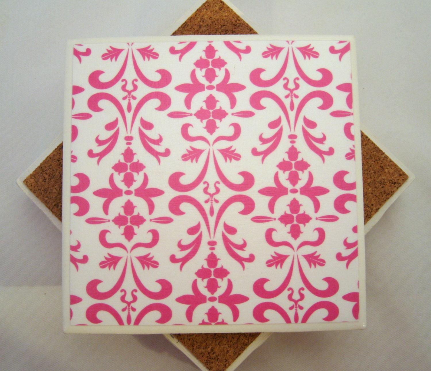 Pink and White Damask Coasters - Set of Four