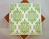 Green Damask Ceramic Tile Coasters - Set of Four