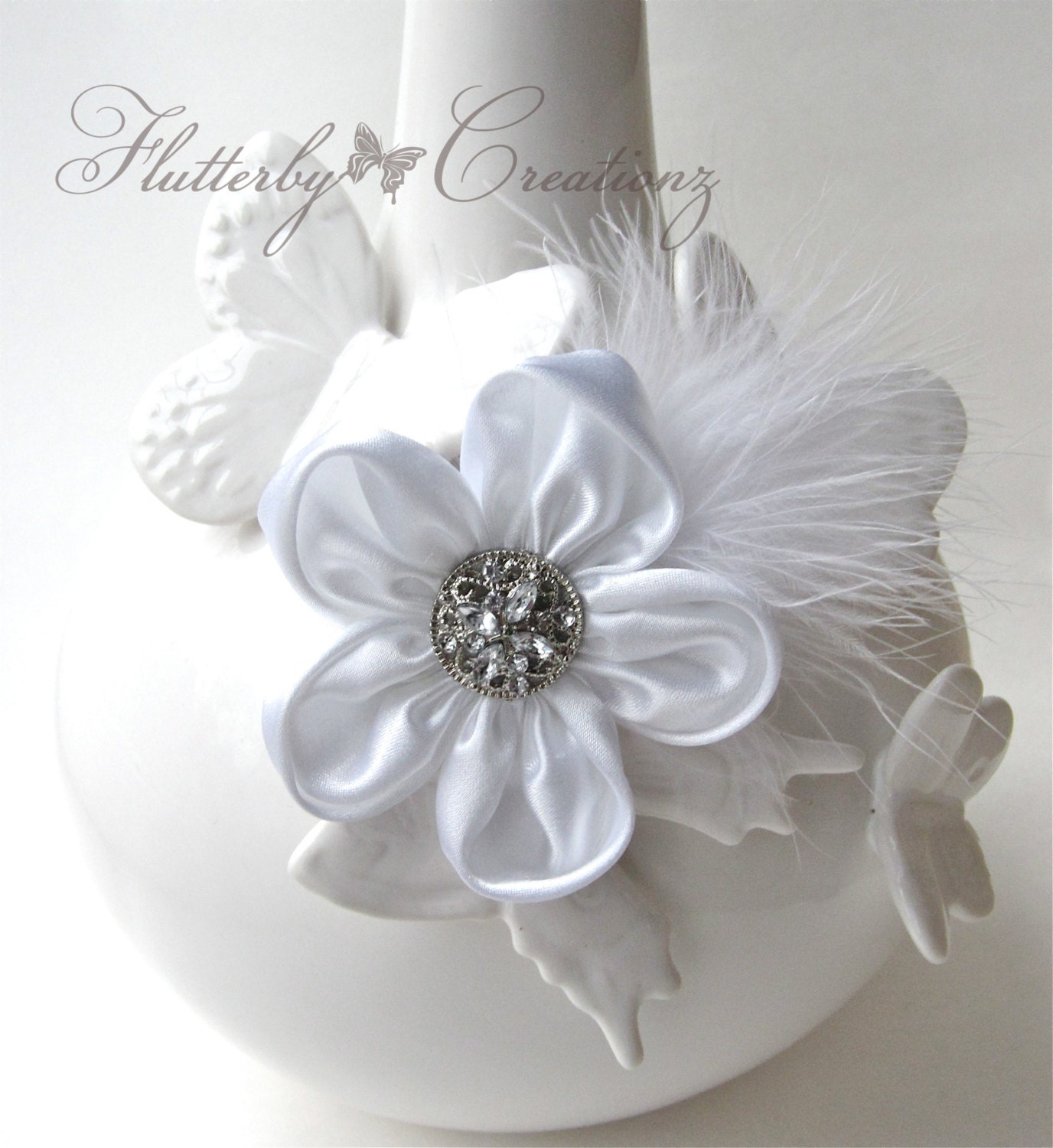 Bridal White 5 Petal Satin Flower Clip with Rhinestone Button and Feather - Handmade, Wedding, Bride, Bridesmaid, Formal, Special Occasion
