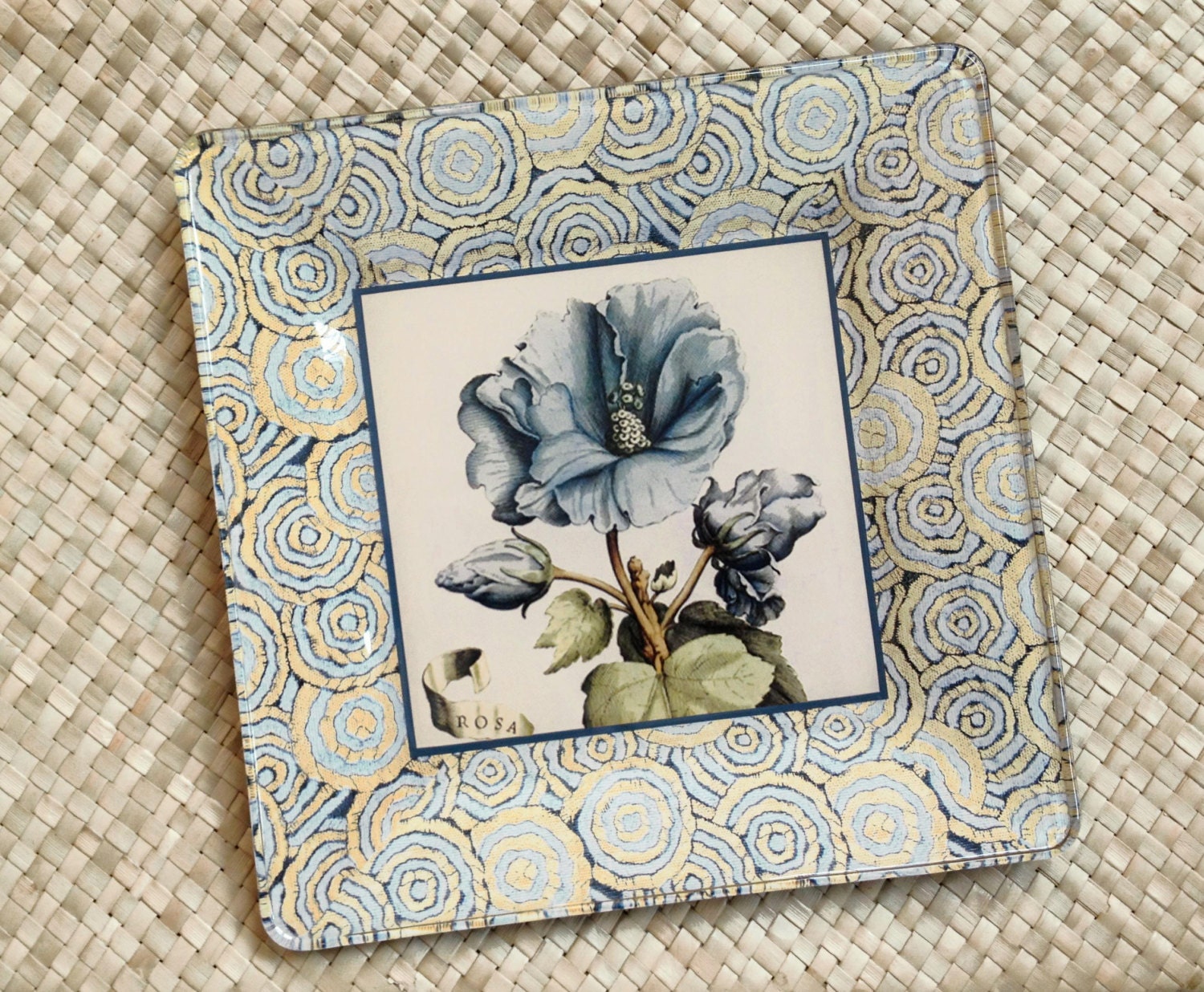 Blue Flower Art / Decoupage Plate Wall Hanging / Botanical Print Wall Art / blue home decor / blue rose antique floral decor for her