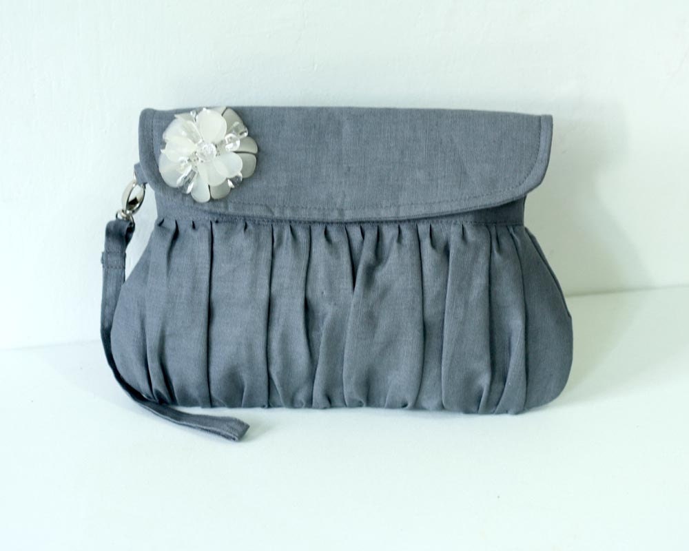 Charcoal Grey Linen Clutch with white beaded flower