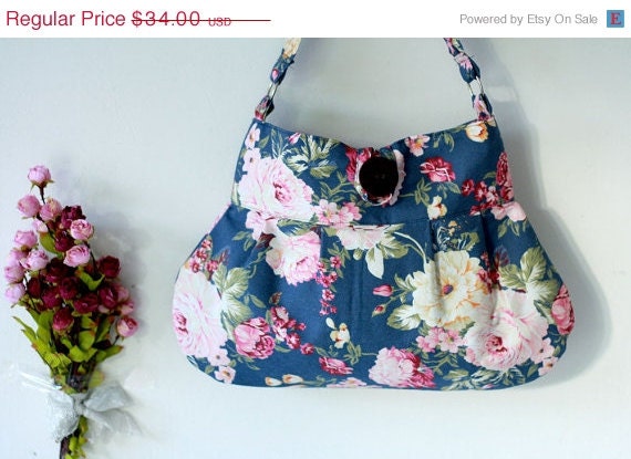 SALE - Summer Floral Bag Dark Blue shoulder bag, cotton bag, hobo purse