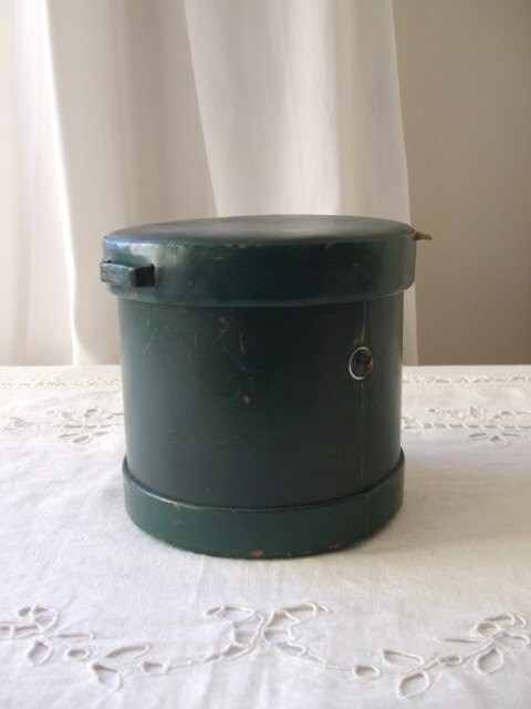Vintage French green leather covered round box.  Paris