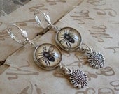 Bee and Sunflower Earrings - Antique Print Dangle Earrings in Silver - Honey Bee - Queen Bee - Bumble Bee - Bee Keeper