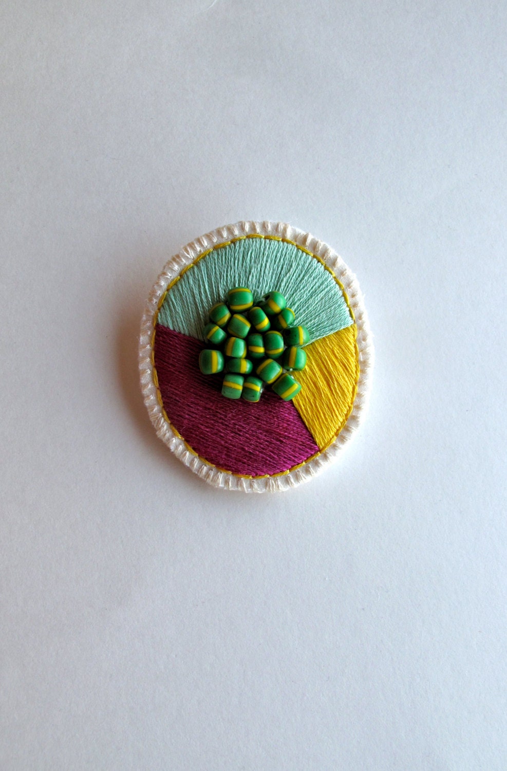 Colorful geometric brooch embroidered green violet and yellow with green and yellow African beads Spring fashion