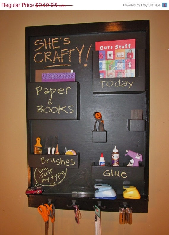 ON SALE Craft Organizer Black Chalkboard Wall-mounted Pockets and Hooks- OOAK Ready to Ship