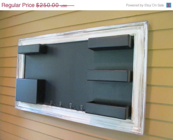 ON SALE Shabby Chic Framed Chalkboard Mail Organizer Large wall mounted pockets with key hooks