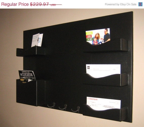ON SALE Mail Organizer chalkboard OOAK Medium wall mounted pockets and hooks- Ready to Ship