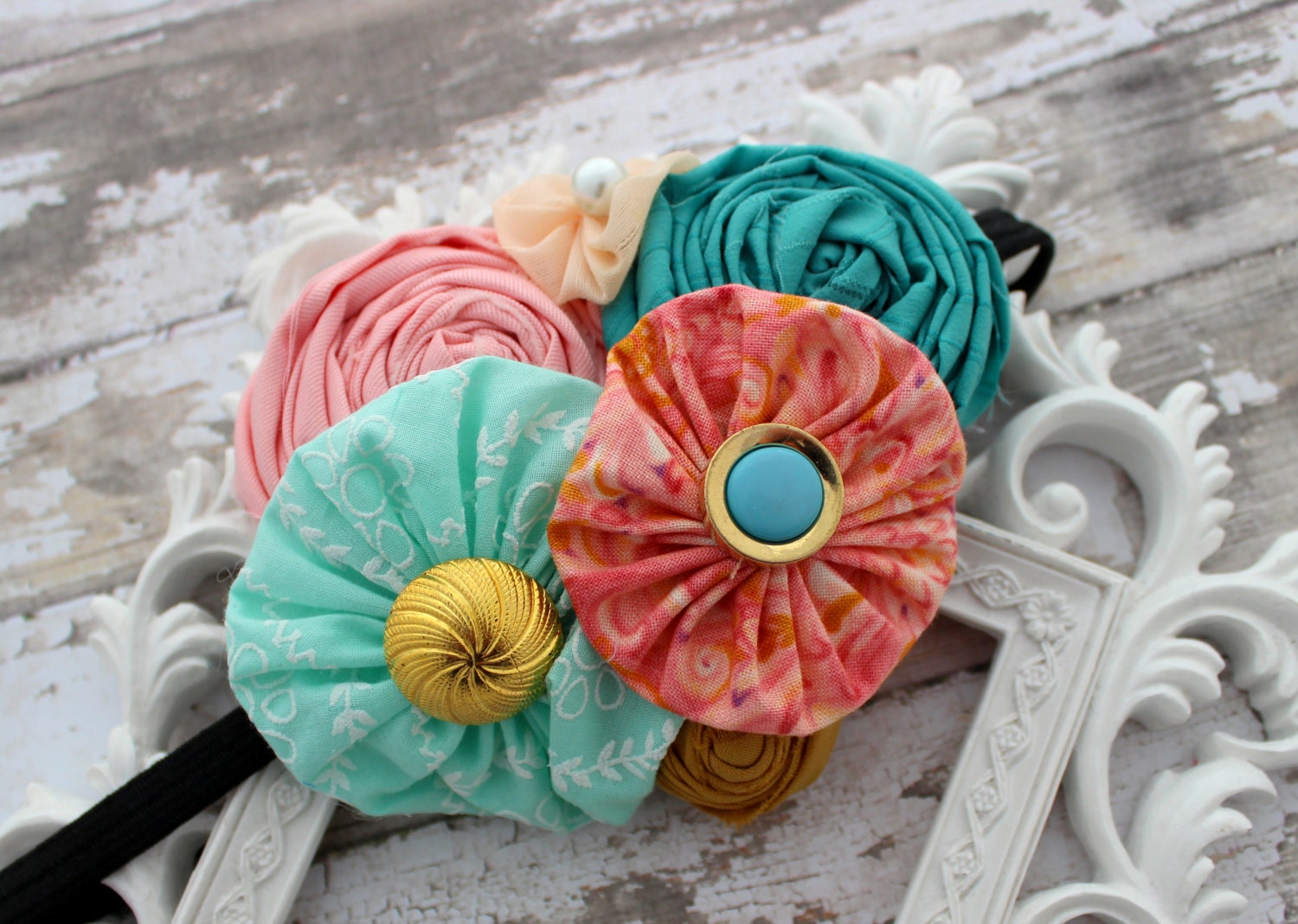 Baby Headband, Coral Pink Headband, Newborn Flower Headband, Bridemaid Hair Clip, Mustard Yellow, Mint Headband