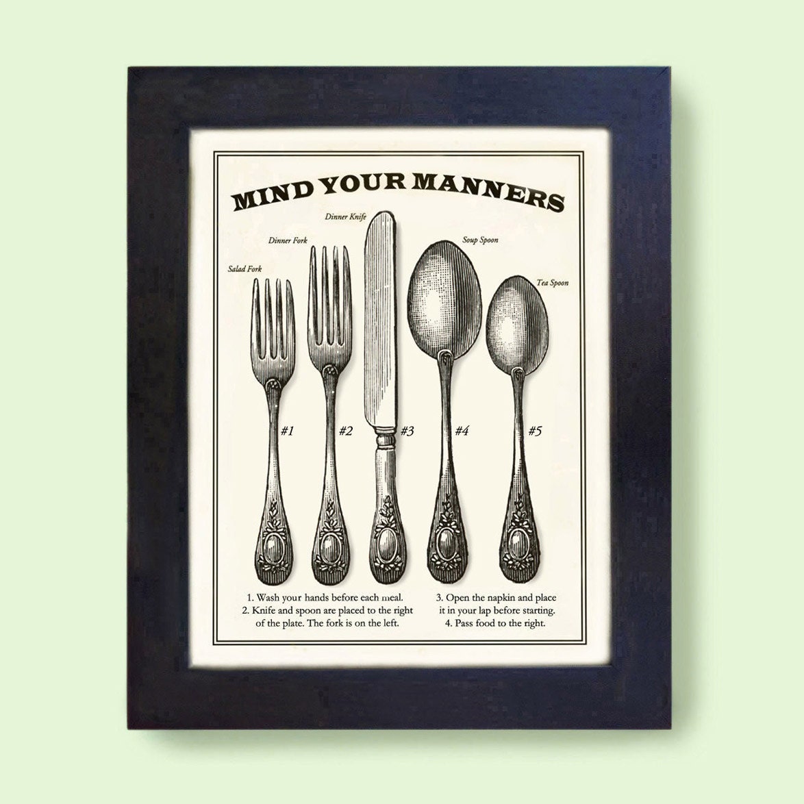 Kitchen Art Print Mind Your Manners Vintage Black and White Dining Silverware Cooking Gift