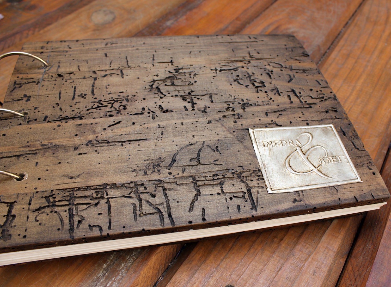 Personalized Rustic Wedding Guest Book with Embossed Aluminum Monogram in Antique Gold