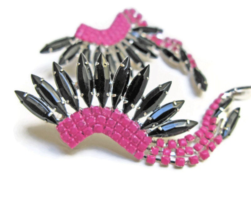 pink black rhinestone Mohawk earrings hand painted