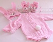 hand knitted Bunny Rabbit Romper set / Romper, Booties, Hat / pink Bunny