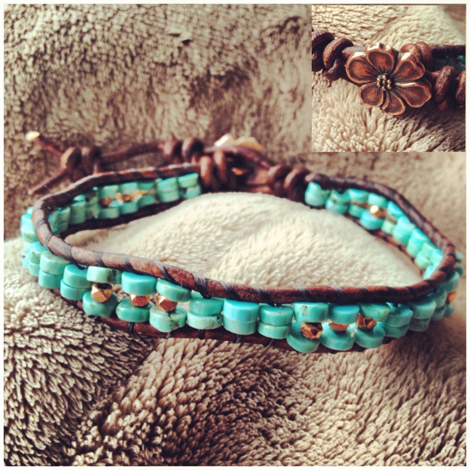 Turquoise and Copper leather bracelet with red copper cherry blossom flower button  southwestern artisan western jewelry