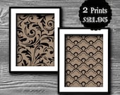 kraft paper art print geometric damask poster 8x10 home decor set pair black floral