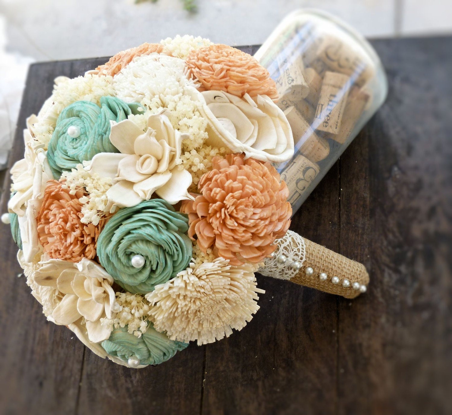 Handmade Wedding Bouquet- Medium Peach Mint Ivory Bridal Bridesmaid Bouquet, Alternative Bouquet, Keepsake Bouquet, Rustic Wedding
