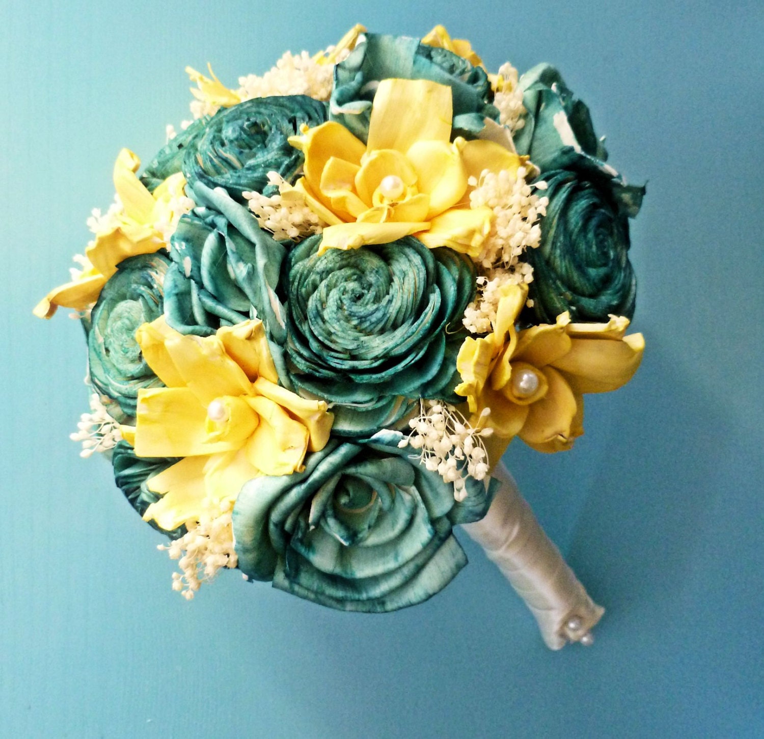 Custom Wedding Bouquet- Small Yellow Teal Bridal Bridesmaid Bouquet, Alternative Bouquet, Keepsake Bouquet