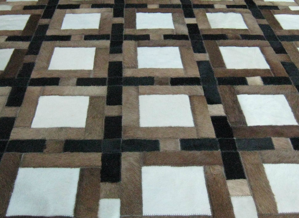 LIFESTYLE by Cara  --  Brown Black White Custom Cowhide Patchwork Rug Cow Hide Leather Hairhide Carpet