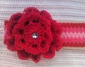 Red Flower Headband Chevron Elastic Stretch Band Faux Rhinestone Button Ribbon Yarn Crochet Double Flower Large Big Tween Girl Womens
