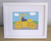 Construction Truck Nursery Print - Steamroller Sloth Art - (5x7)