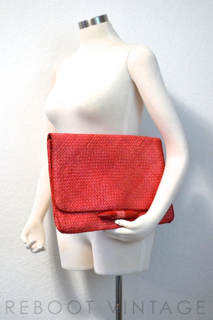 Vintage 80s RED Padded Straw Clutch / Laptop Case