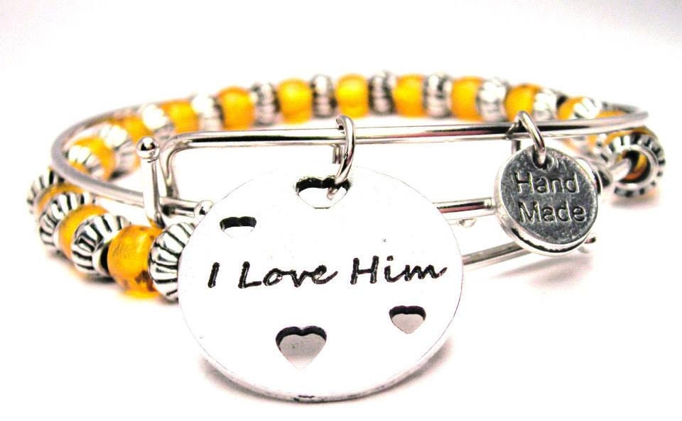 I Love Him Set of two beaded bangles charm bracelet