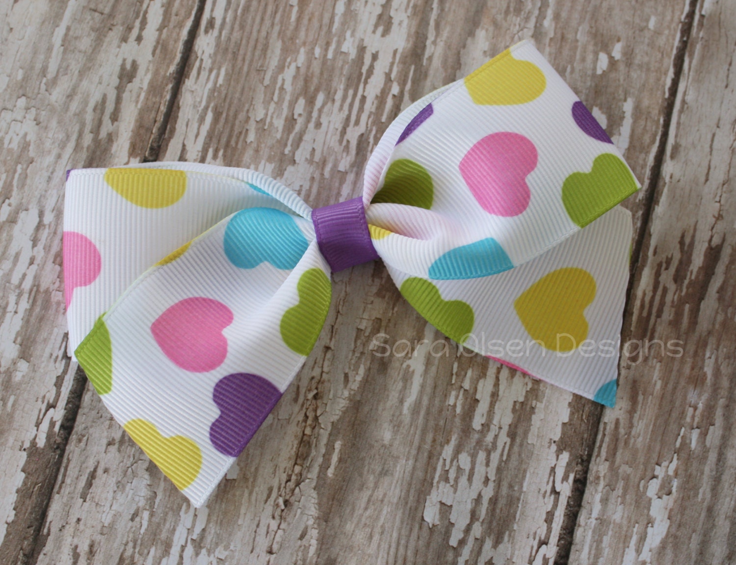 Large Classic Hairbow, Rainbow Hearts, Pink Purple Blue, Simple Bows, 4.5 Inch Hairbow, Hair Clip, Toddler Hairbow, Girls Hairbows