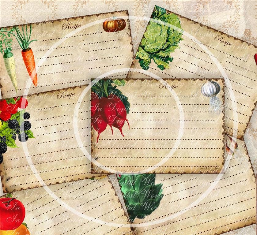 Digital Collage Sheet Vintage Recipe Cards Printable Download