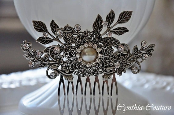 Bridal Hair Comb,Art Deco Style Hair Comb,Flower and Leaf Hair Comb,Vintage Style Hair Comb,Antique Silver,Wedding Hair,Head Piece,CHANTILLY