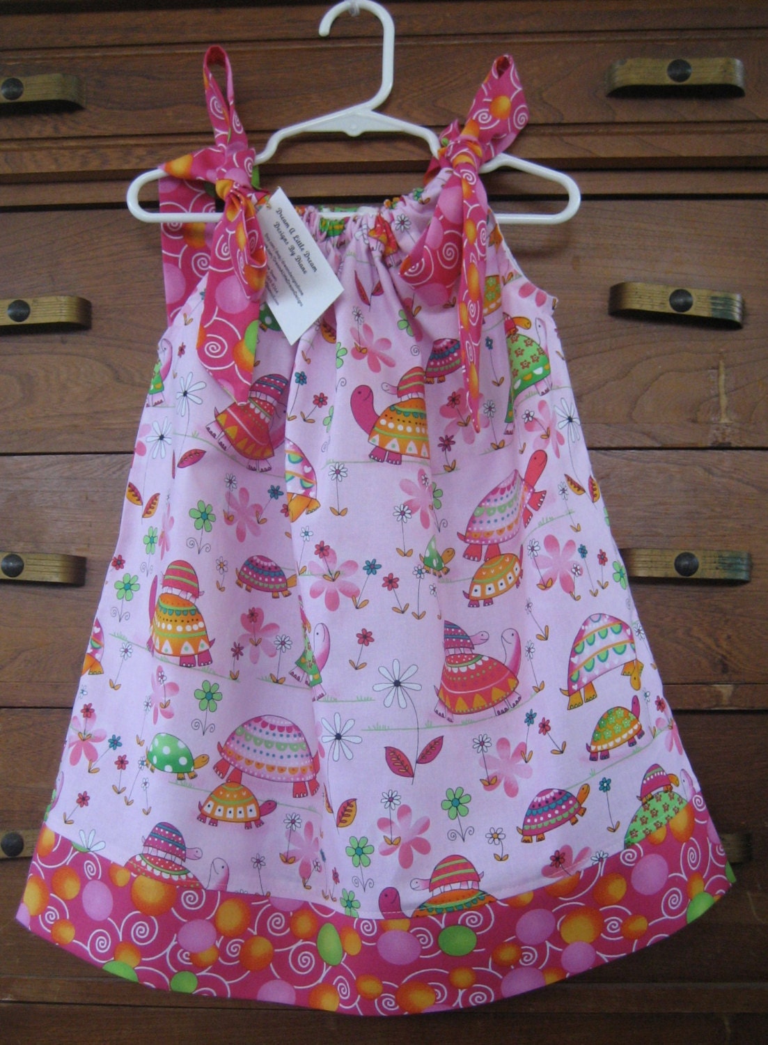 Custom Boutique Spring Summer Pillowcase style infant toddler girls dress with Pink Yellow Green Turtles and Flowers