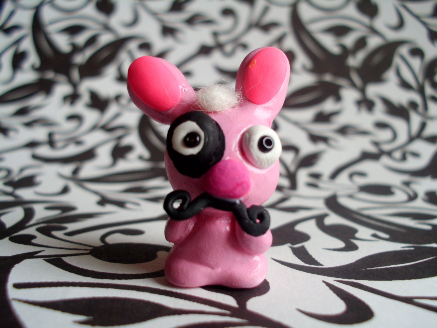Gentleman Bunny Rabbit with Mustache and Eye Glass Polymer Clay Miniature Figurine Ooak Animal Cute Silly Little Gift Black Pink