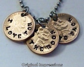 I love you to the moon and back penny coin jewelry pendant necklace hand-stamped on U.S pennies on a stainless steel chain.