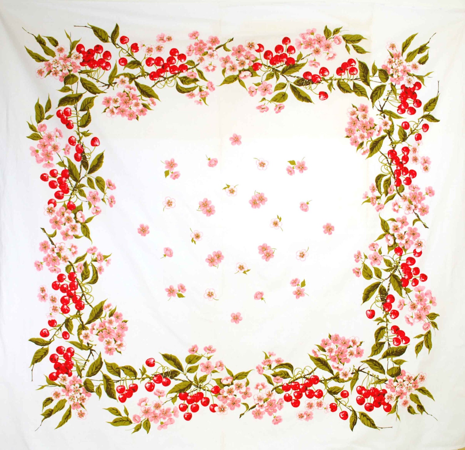 Vintage Cherry Blossom Tablecloth // 1950's Pink & Red Floral Kitchen Table Linen