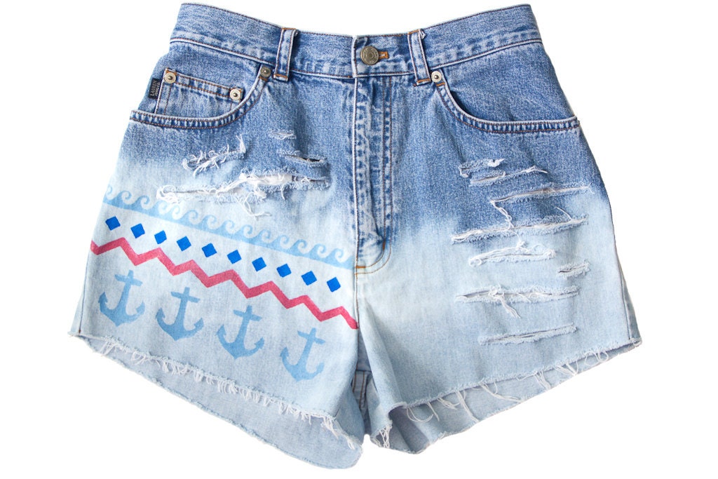 Nautical Anchor Waves Ocean USA Shorts Hand Painted Vintage Distressed High Waisted Denim Boho Hipster Small Medium W26