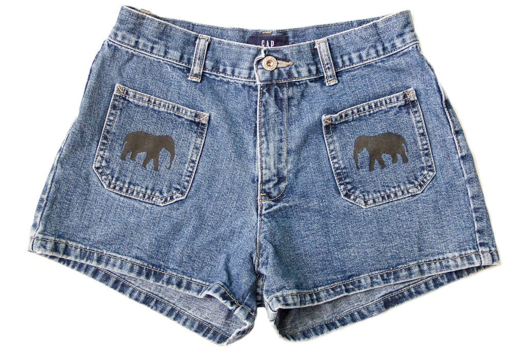 Tribal Aztec Elephant Waves Shorts Hand Painted Vintage Distressed High Waisted Denim Boho Coachella Hipster Small Medium W27