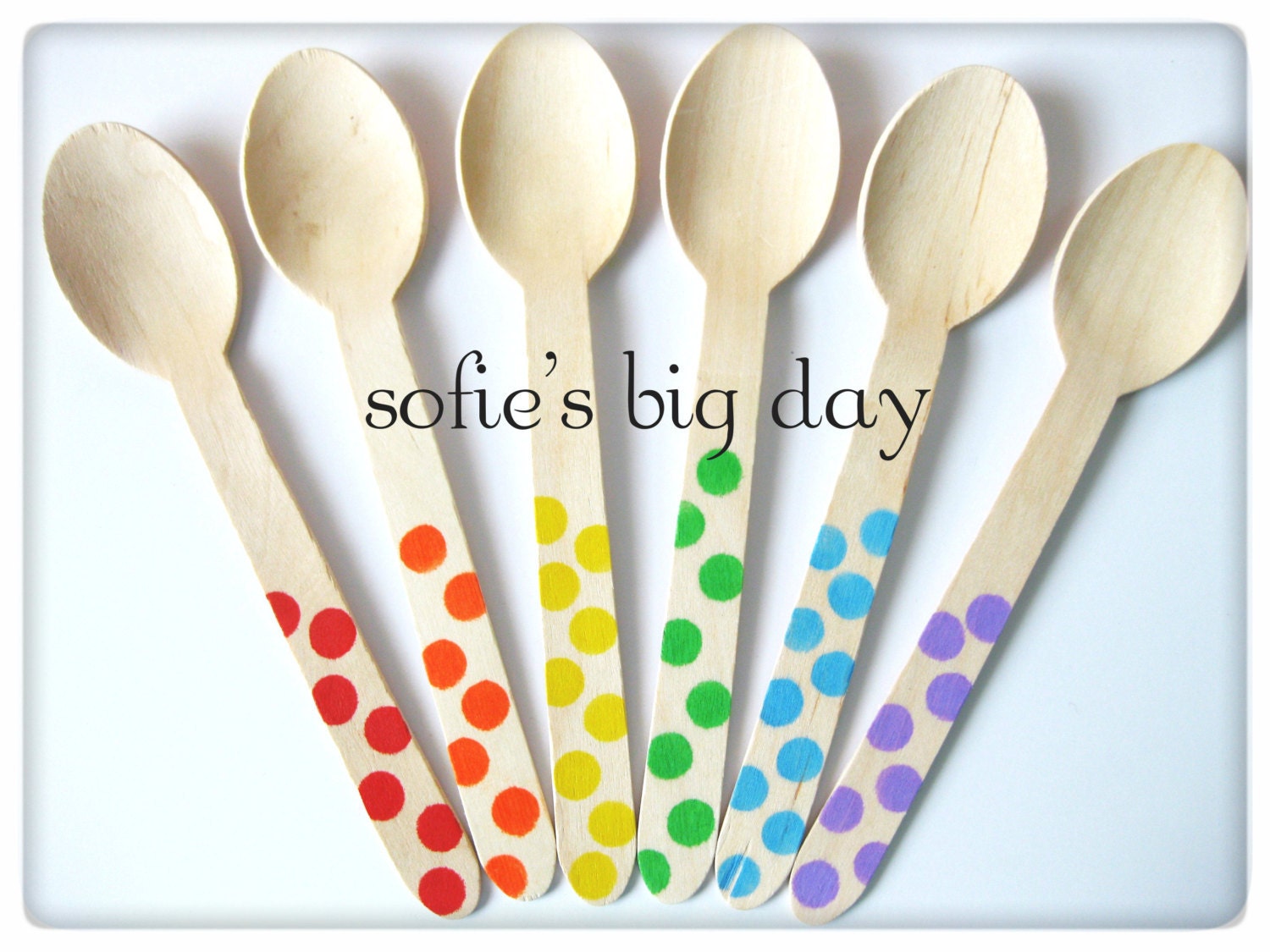 50 RAINBOW POLKA DOT Hand Stamped Wooden Spoons- 6 1/4 inch wooden spoons Il_570xn