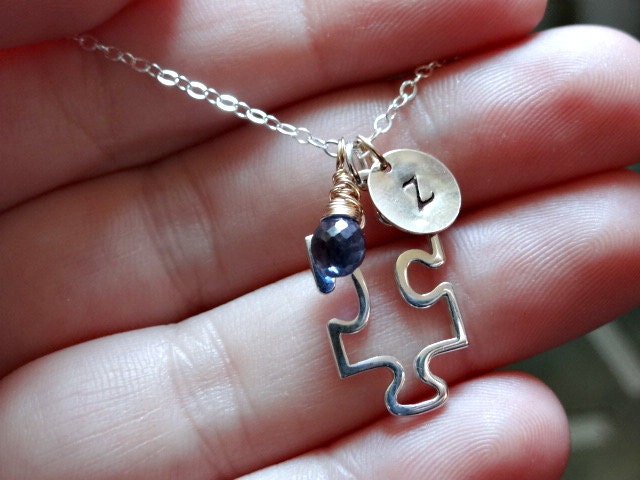 Silver & gold puzzle piece necklace, modern, unique design, personalized monogram charm, blue kyanite gemstone, sterling silver gold fill