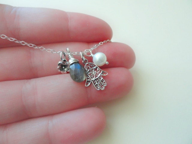 Hamsa hand necklace, STERLING SILVER, Labradorite gemstone, evil eye protection, freshwater pearl, charm necklace,cherry flower blossom,chic