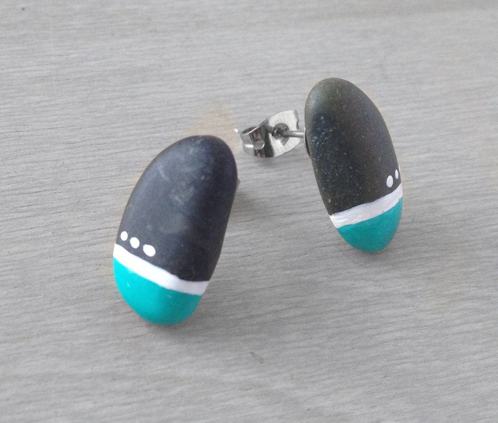 Turquoise Pebble Earrings - Handpainted Dipped Enamel River Stone Stud Earrings - Natural Post Earrings - Surgical Steel Posts