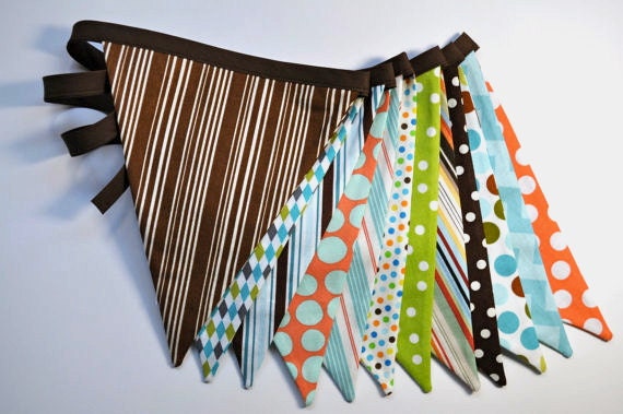 Boy's fabric pennant banner bunting, brown, orange aqua blue & green, boys room, playroom, birthday party decor, photo prop